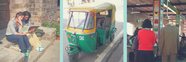 Then and Now: Manager of Authorizer Development Erin Reddy as an international student in New Delhi, 2006; One of the many auto rickshaws that transport college students to class each morning in Delhi; Katha Lab School, a government partnership school the Authorizer Development team visited in January.